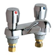 Deck Mounted Metering Push Handle Faucet with 4 Inch Centers, 0.5 GPM Laminar Spray, Polished Chrome