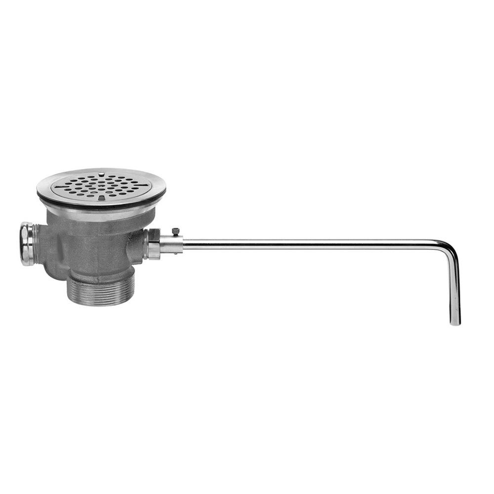 DrainKing Brass Rotary Handle Waste Valve with 3 1/2 Inch Sink Opening, 1 1/2 Inch Female and 2 Inch Male Drain Opening, Flat Strainer, and Overflow End Cap and Gasket Installed