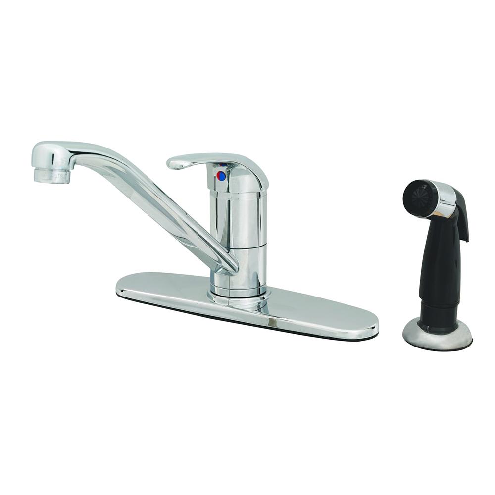 Deck Mounted Single Lever Faucet with Integral 9 Inch Swivel Spout, 2.2 GPM Aerator, Ceramic Cartridge with Adjustable Temperature Limit Stop, 16 Inch Flexible Stainless Steel Supply Hoses with 3/8 Inch O.D. Compression Connections, Side Spray