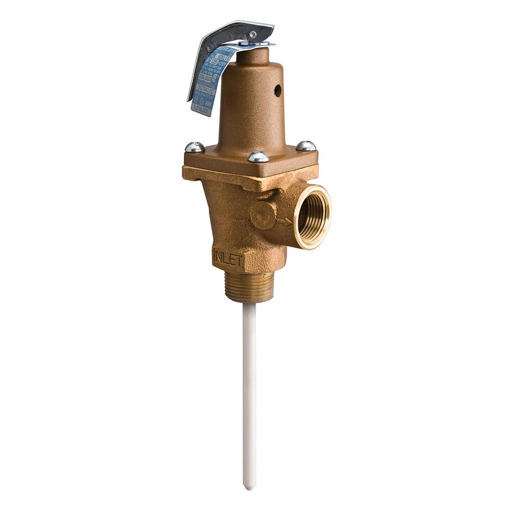 Temperature and Pressure Relief Valve, 3/4 Inch, Bronze, Automatic Reseating, 210 F, 150 PSI, Test Lever, 5 Inch Extension Thermostat, Series 40 , Discharge Line Flood Sensor Connection Included, Watts