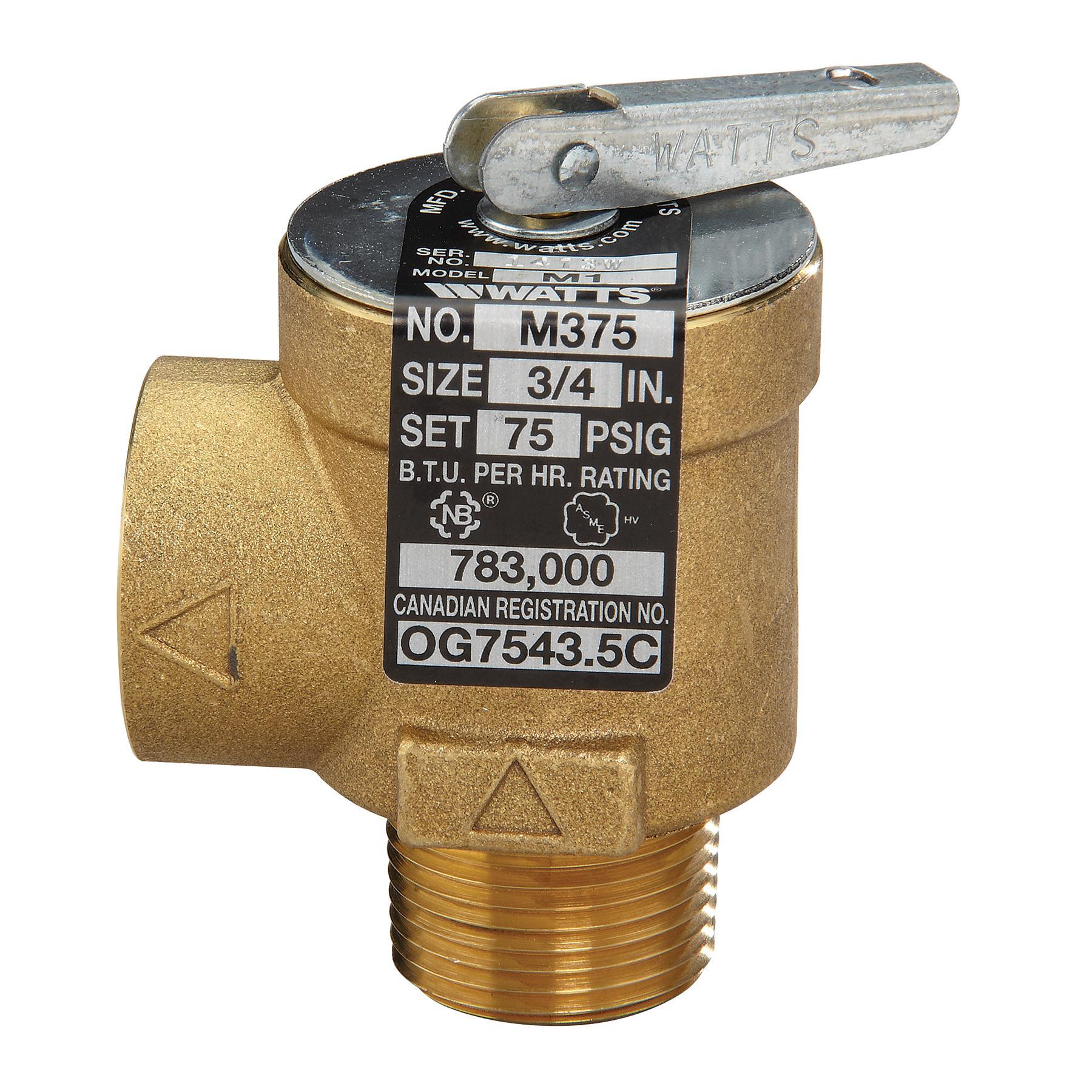 Pressure Relief Valve, 3/4 Inch, Boiler, 75 PSI, 375M1