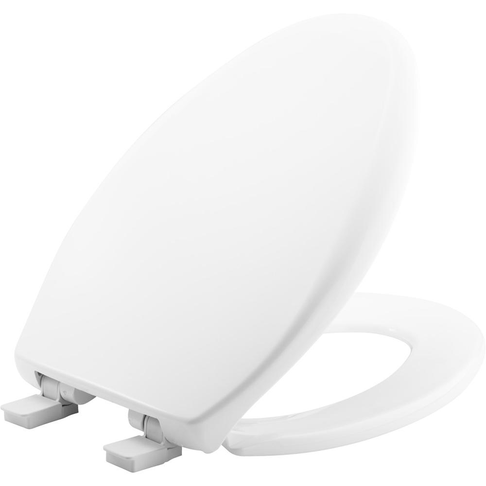 White Plastic Elongated Toilet Seat, Closed Front with Cover with Sta-Tite, Easy Clean and Change and Whisper Close Hinge