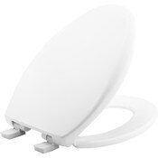 White Plastic Elongated Toilet Seat, Closed Front with Cover with Sta-Tite, Easy Clean and Change and Whisper Close Hinge