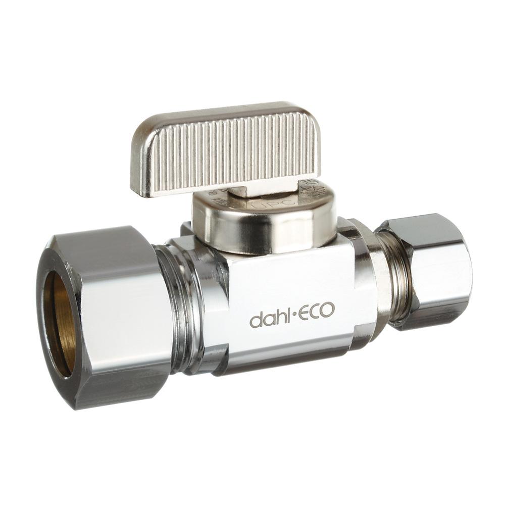Straight Supply Stop Valve, 5/8 OD Comp (1/2 Nom. Pipe) X 3/8 OD Comp, Chrome Plated, Lead-Free Brass, Dahl