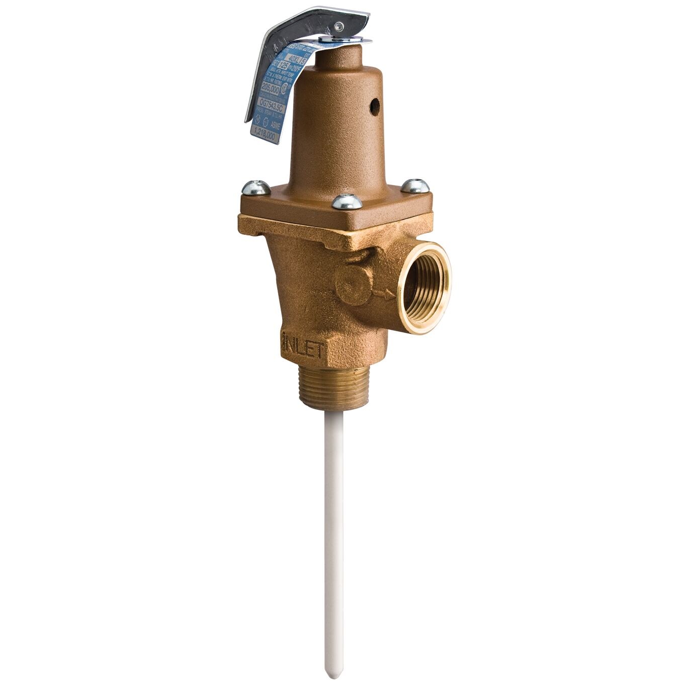 T & P Valve, 1, LF, Brass, 125 PSI, 210 D F, 5 Ext Therm