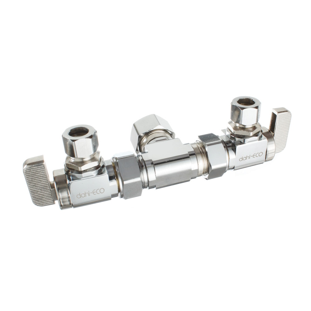 Angle Dual Shut-Off Supply Stop Valve, 5/8 OD Comp X 3/8 OD Comp X 3/8 OD Comp, Chrome Plated, Lead-Free Brass, Dahl 