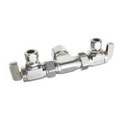 Angle Dual Shut-Off Supply Stop Valve, 5/8 OD Comp X 3/8 OD Comp X 3/8 OD Comp, Chrome Plated, Lead-Free Brass