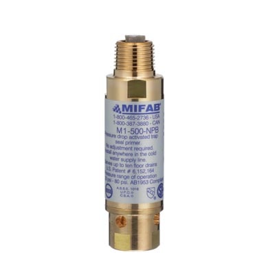 Pressure Drop Activated Trap Seal Primer, 4 1/8 Inch Tall, with 1/2 Inch Male NPT Inlet and 1/2 Inch Female NPT Outlet