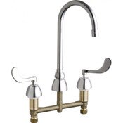 Deck Mount Faucet with 8 Inch Centers 5 1/4 Rigid/Swing Gooseneck Spout (Econo-Flo Outlet with Adapter 0.5 GPM, 4 Inch Wrist Blade Handles, Quaturn Cartridges, Polished Chrome