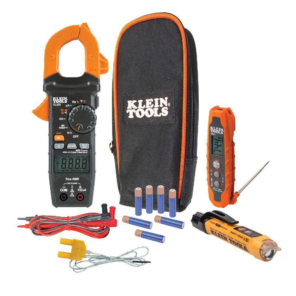 HVAC Digital clamp meter with AC auto ranging, dual IR/probe thermometer, dual range non-contact voltage tester with flashlight. Klein