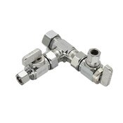 Straight and Angle Dual Shut-Off Supply Stop Valve, 5/8 OD Comp X 3/8 OD Comp X 3/8 OD Comp, Chrome Plated, Lead-Free Brass, Dahl 