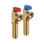 Angle Washing Machine Outlet Box Valves, 1/2 Fem. Solder Longshank X Male Hose Pkg of 2 W/Red and Blue Handles, Rough Brass, Dahl 