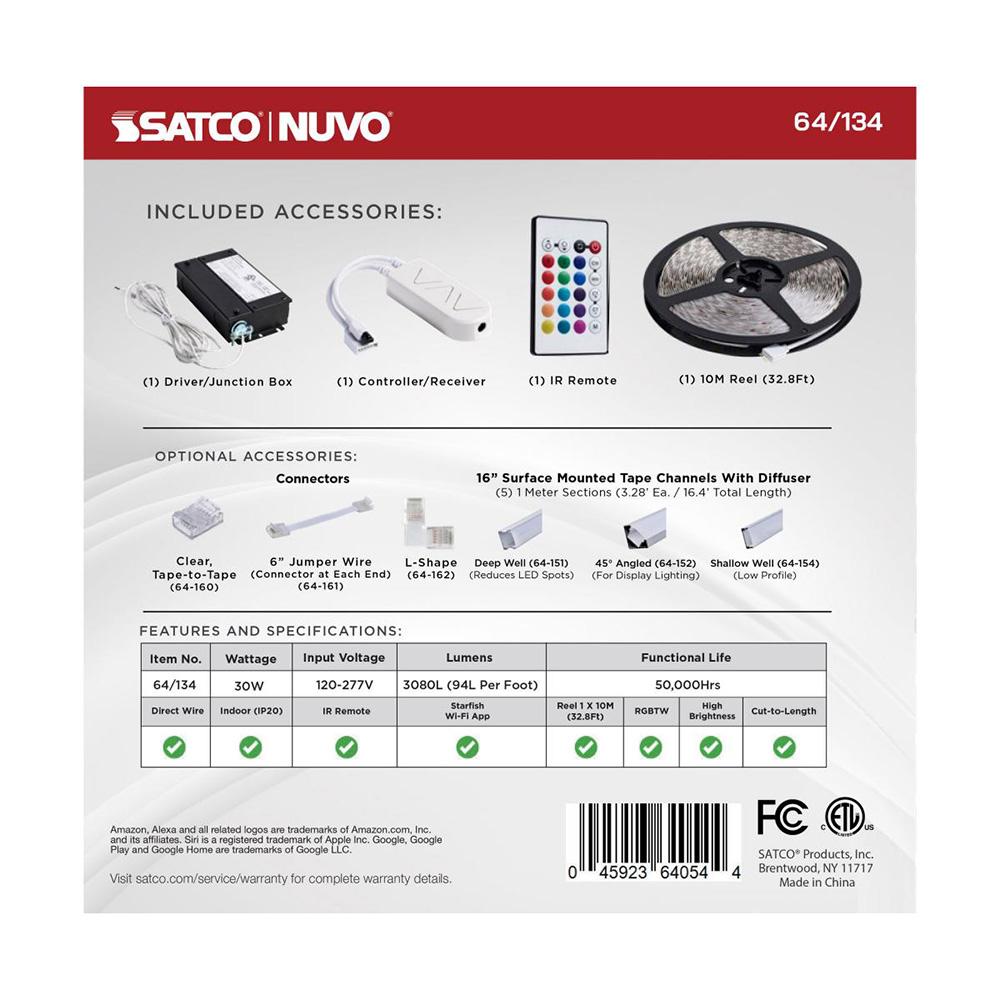 Dimension Plus Tape 32 Foot Light Strip White Finish, Hi-Output, 30 Watts, 3080 Lumens, with RGB plus Turnable, J-Box Connection, Starfish IOT Capable, IOT Enabled, Satco