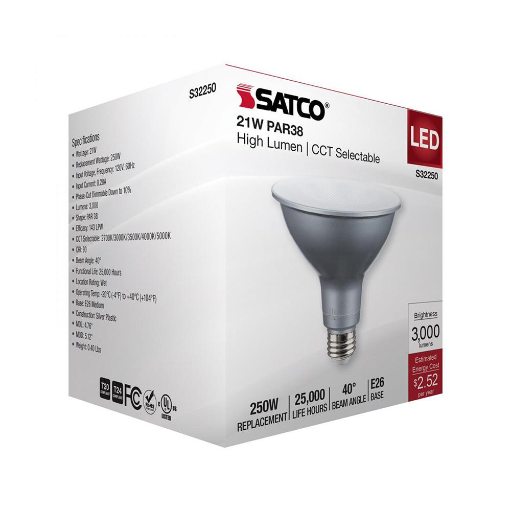 LED PAR38 Light Bulb, 3000L, 21W, 120V, 2700K/3000K/3500K/4000K/5000K, Warm White to Natural Light, E26 Base (Case of 6), Satco