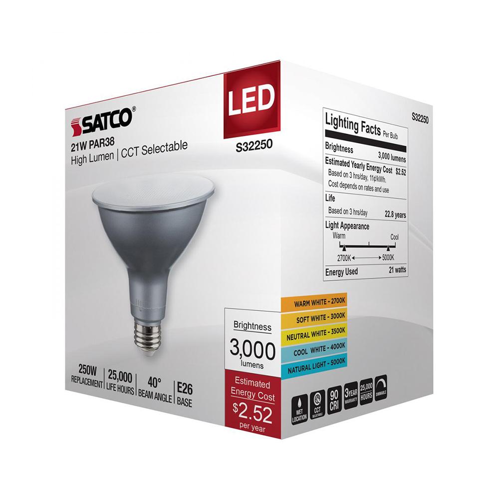 LED PAR38 Light Bulb, 3000L, 21W, 120V, 2700K/3000K/3500K/4000K/5000K, Warm White to Natural Light, E26 Base (Case of 6), Satco