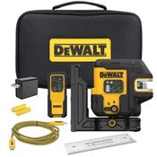 DeWalt DCLE14251G laser kit, including the remote, compact, IP54-rated laser, mounting plate, USB-C cable, and storage case-front view 01.