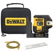 DeWalt DCLE14251GB laser kit, including the compact, IP54-rated laser, mounting plate, USB-C cable, and storage case-front view 01.