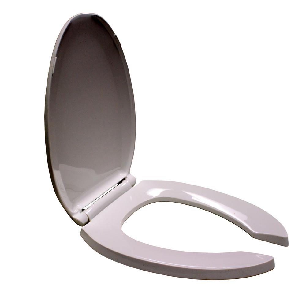 Toilet Seat, Elongated, Open Front with Cover, Self-Sustaining Steel Hinge, White, Plastic, DuraGuard Antimicrobial Agent. Bemis