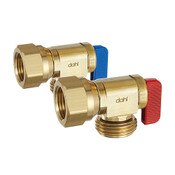 Angle Washing Machine Hose and Boiler Drain Valve, 1-1/2 FIP X Male Hose Pkg of 2 W/Red and Blue Handles, Rough Brass